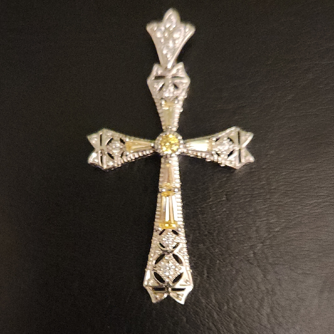 Sterling Silver And White Yellow Cz Ornate Cross Pendant 45$